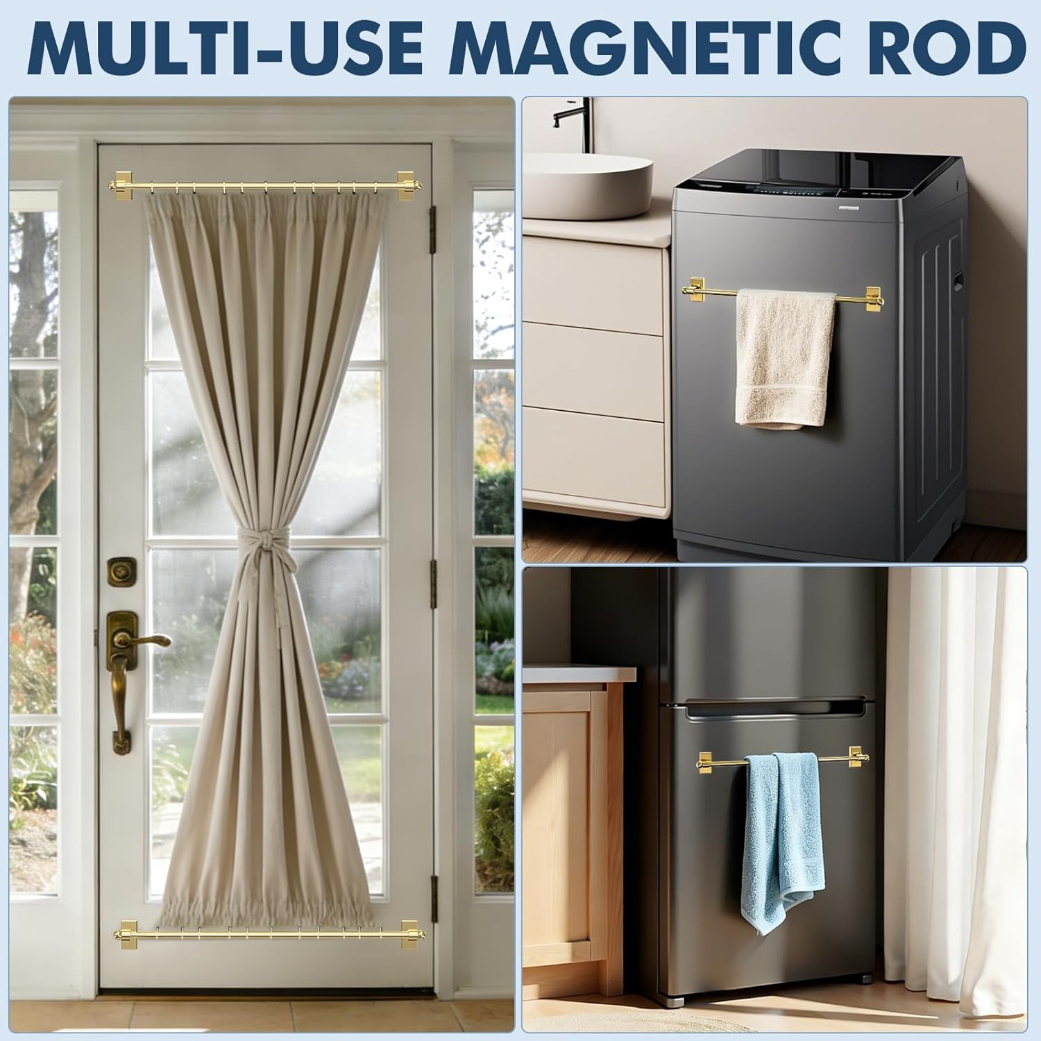 Adjustable Magnetic Curtain Rod for Metal Doors from 16” to 28”,[Magnetic Towel Bar][Magnet Curtain Rod for Classroom Whiteboard][French Door Curtain Rod ](Champagne Gold, 16-28 Inch 1 Pack)