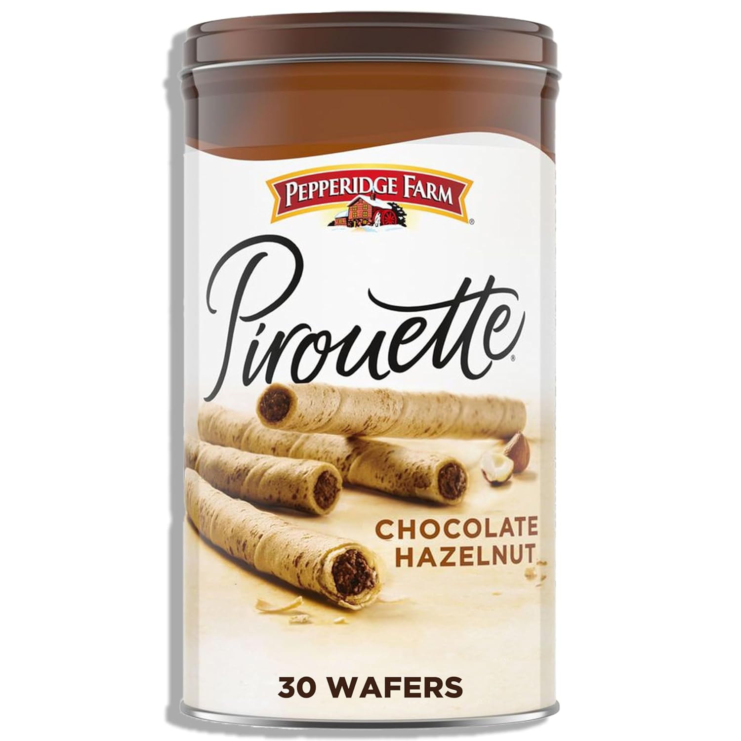 Pepperidge Farm Pirouette Chocolate Hazelnut Creme-Filled Wafers, Crisp Rolled Cookies in 13.5 oz Tin - Gourmet Treat