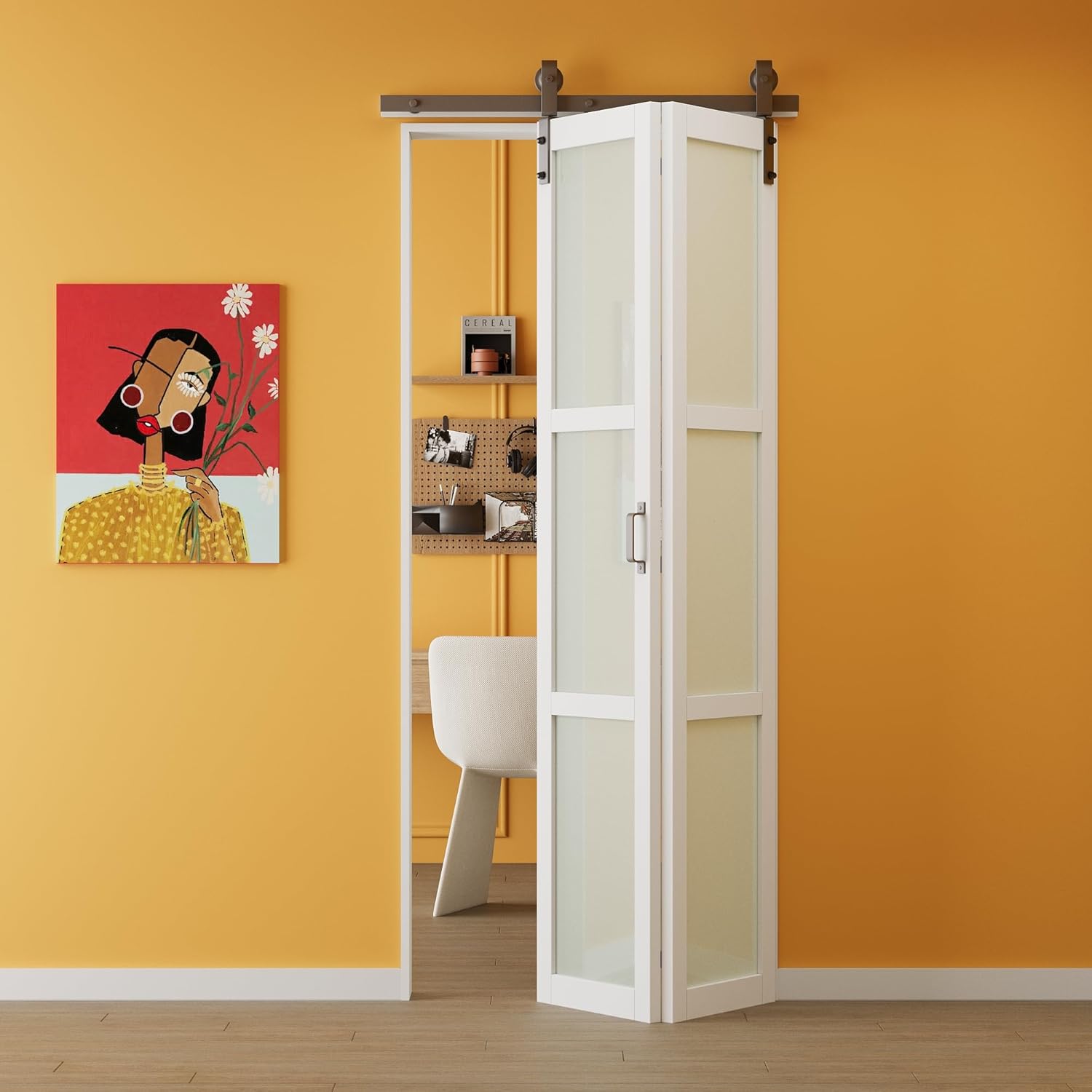 Paintable Bifold Barn Doors, 36" x 84" Preassembled MDF Panels Bi Fold Barn Door with Sliding Hardware Kit Included, 3 Lite Tempered Frosted Glass Sliding Closet Doors for Pantry Laundry