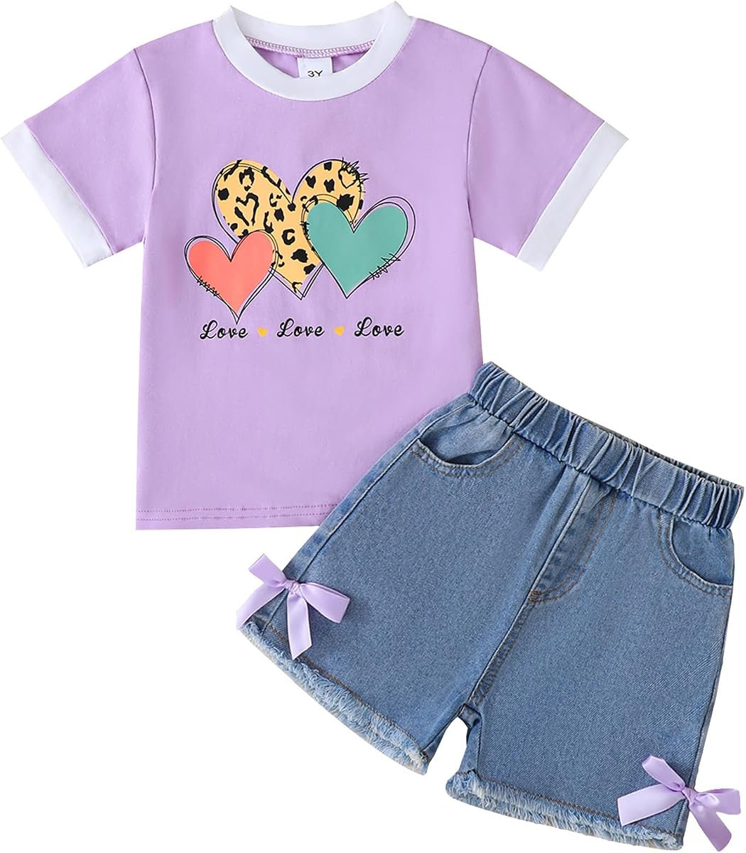 Jecson Ropa de verano para niña pequeña, camiseta con estampado de algodón y pantalones cortos vaqueros, conjunto informal para niñas, conjuntos de 2 piezas, 2T-8Y