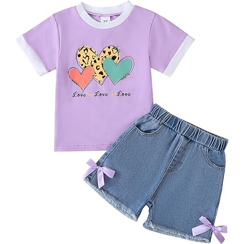 Jecson Toddler Girl Clothes Summer Cotton Print T-Shirt and Jeans Shorts Set Casual Girls 2 Piece Outfits Sets 2T-8Y
