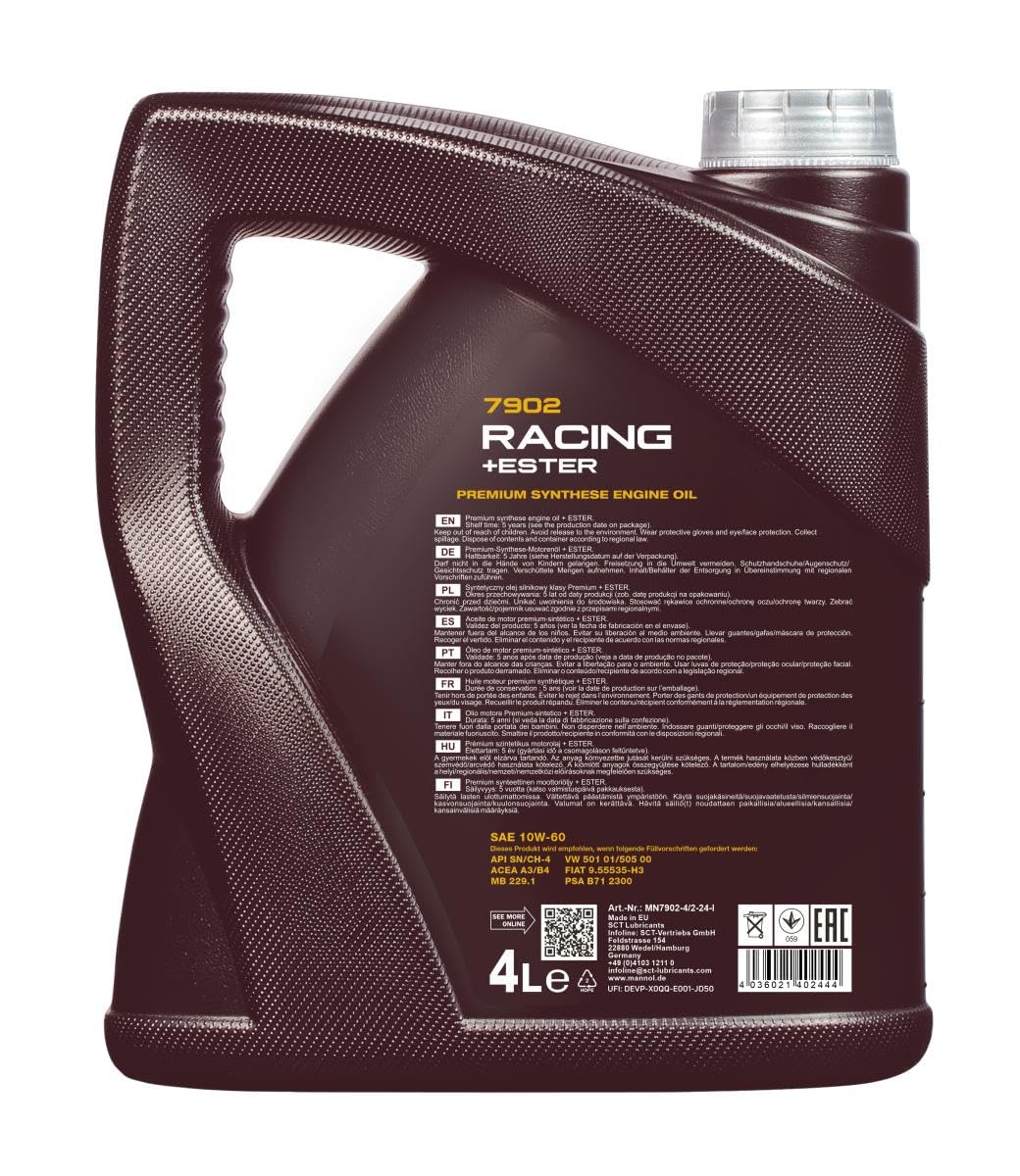 MANNOL Huile moteur RACING+ESTER 10W-60 Huile synthétique huile ACEA A3/B4 API SN API CH-4 4 L Compatible avec VW Golf 4 3/5 portes 1J1 Golf 5 3/5 portes 1K1 Polo IV 3/5 portes 9N, 9A, SEAT, AUDI