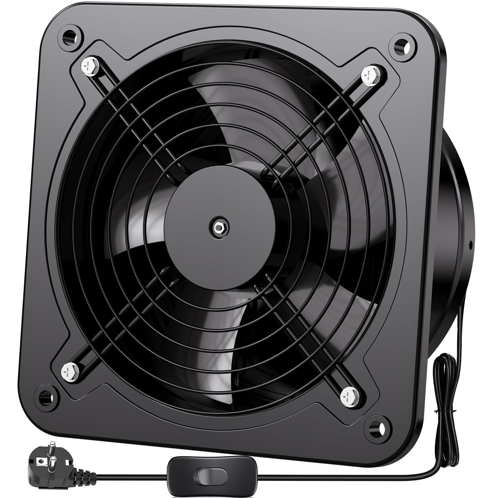 Hon&Guan Industriell Abluftventilator 200mm mit Schalter, Badlüfter Metal Leise mit Rücklaufklappe EU-Stecker für Garage Küche Dachboden Fensterlüftung