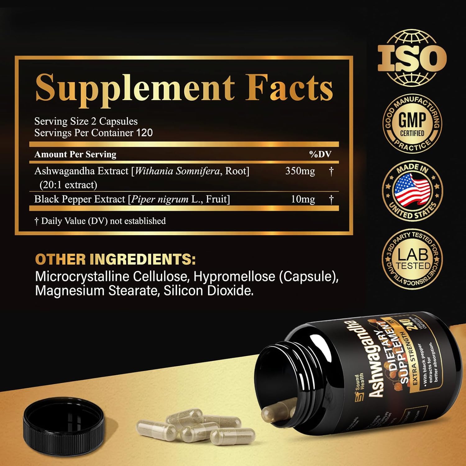 SoundHealth Organic Ashwagandha Capsules Supplements - 7000mg Herb Powder Equivalent Per, Ashwagandha Powder for Women & Man - Vegan, Plant Based, Gluten-Free, Non-GMO - 240 Capsules (120 Servings) - Image 2