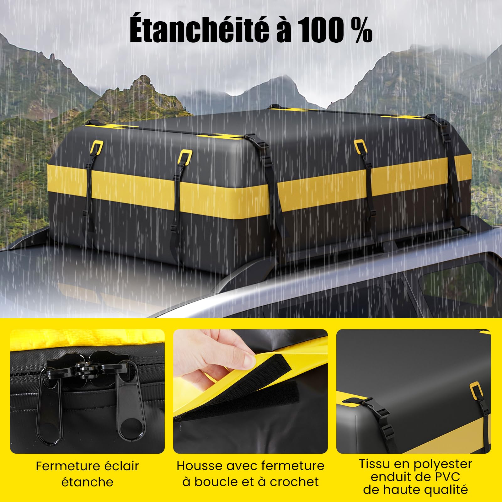 GOPLUS Sac de Toit pour Voiture Imperméable, Bagage de Toit de 595 l avec Tapis Antidérapant & Serrure Chiffrée&10 Sangles&6 Crochets de Porte, Adapté à Tous Véhicules avec/sans Galerie de Toit