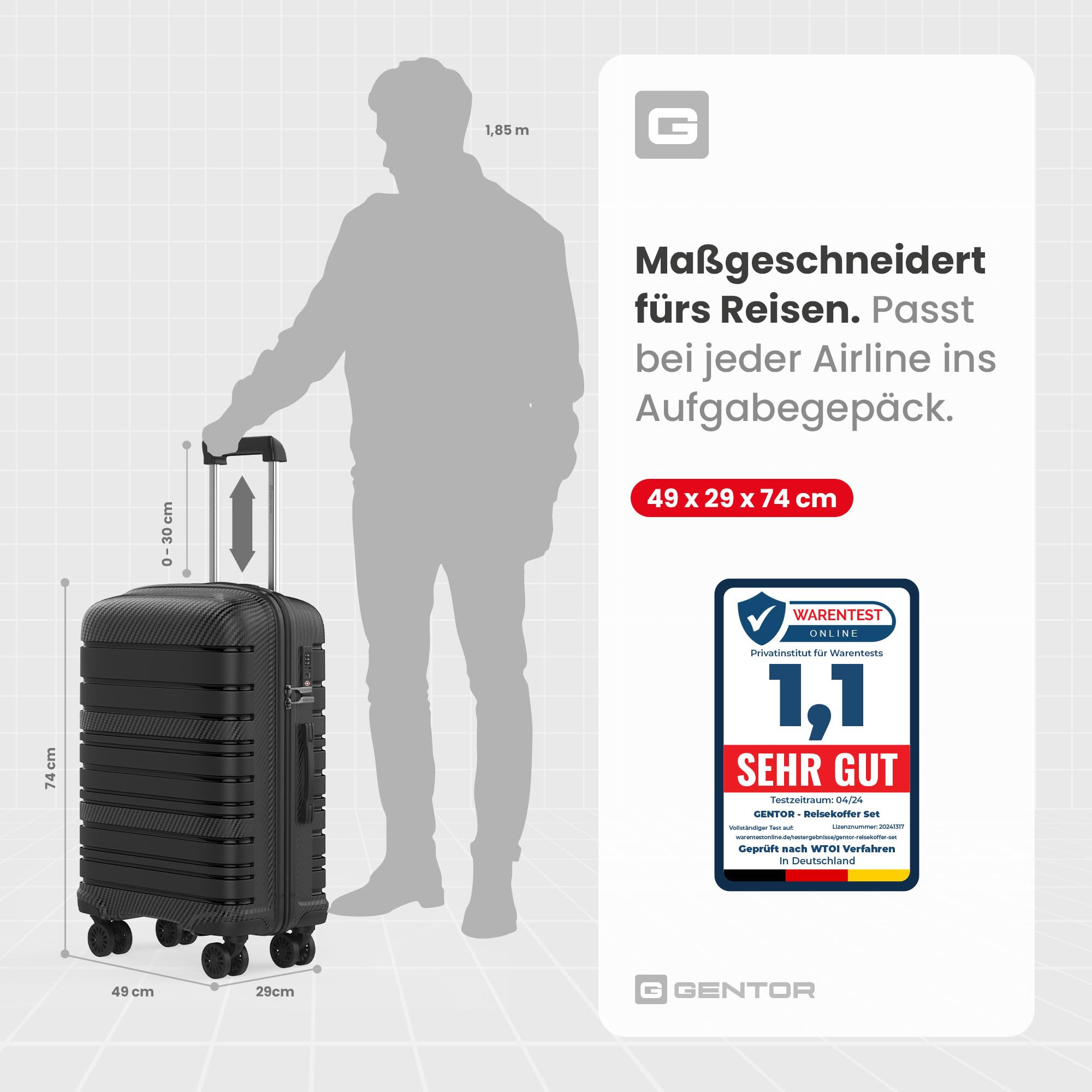 GENTOR Reisekoffer groß XL mit Rollen – Hartschalenkoffer 74x49x29 cm – Trolley Koffer mit TSA-Schloss, 4 Leise Rollen, Stabil & Leicht – Rollkoffer für Aufgabegepäck & Urlaub (Schwarz)