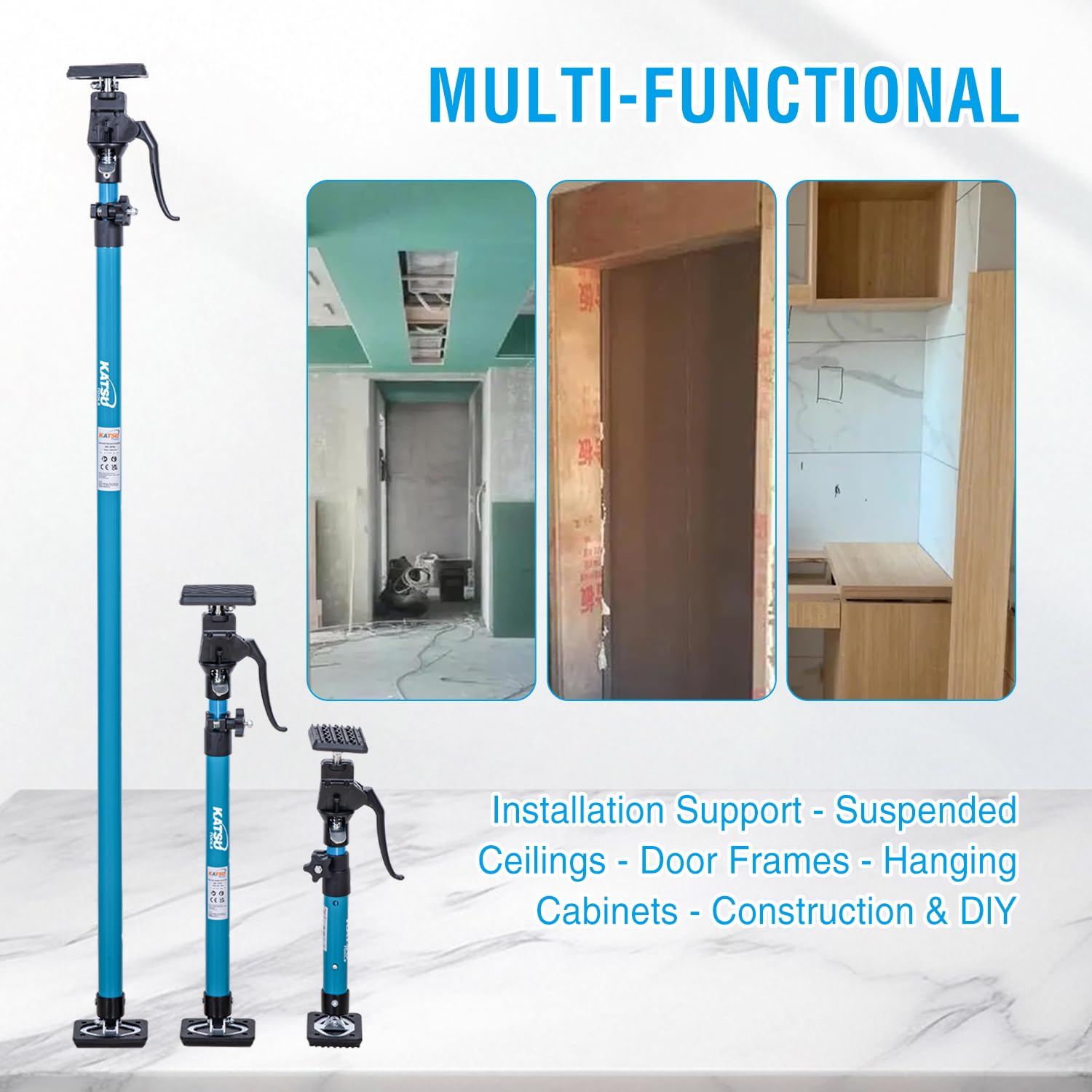KATSU Tools Supporto telescopico per soffitto, confezione da 2, 60-115 cm, in acciaio, capacità di carico 40 kg, per posizionamento, tenuta e fissaggio di cartongesso