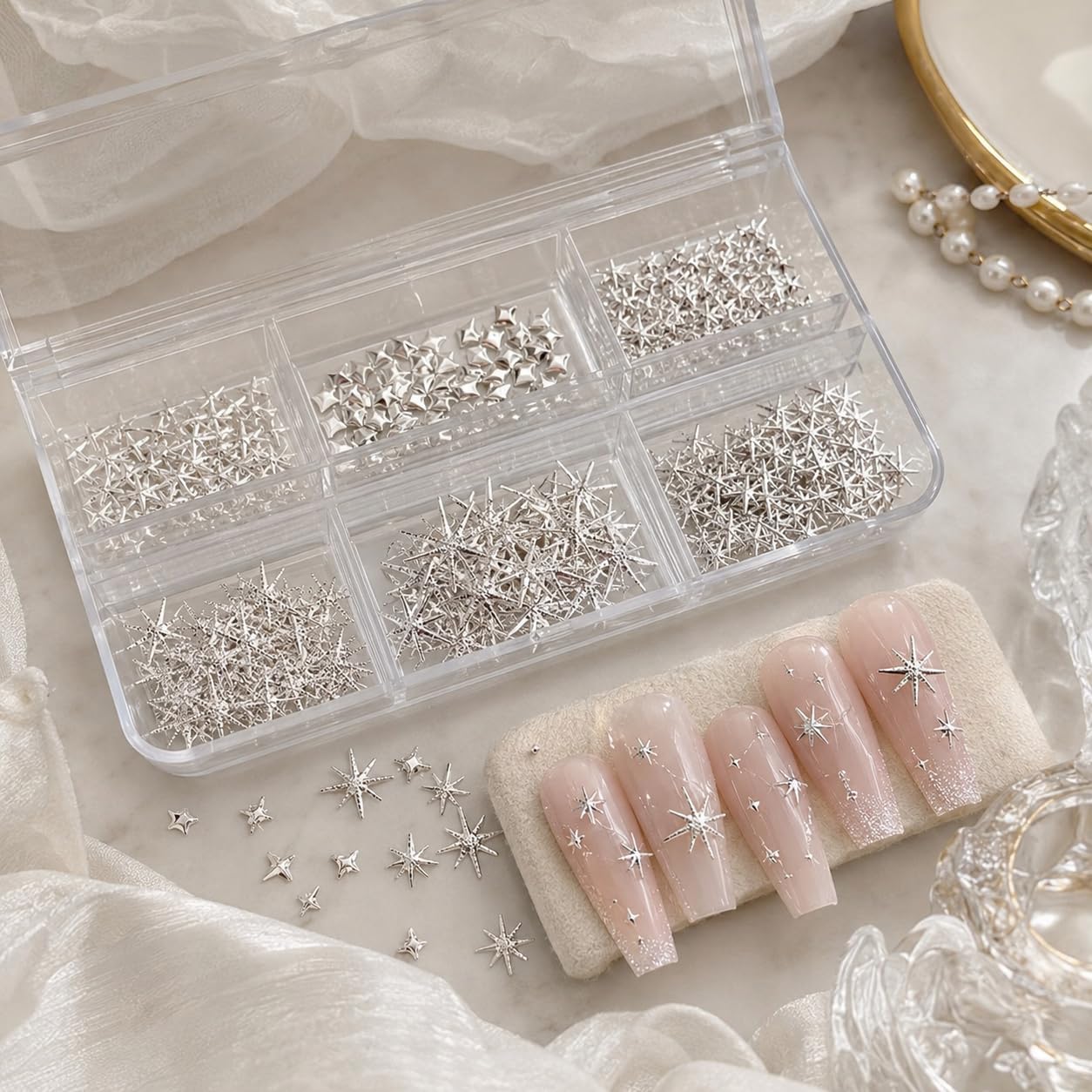 Metal Star Rivet Nail Charms in Silver or Gold 6 Sizes 3-9mm 3D Starlight Studs Storage Box About 200 Pcs for DIY Manicure Decoration (Gold)