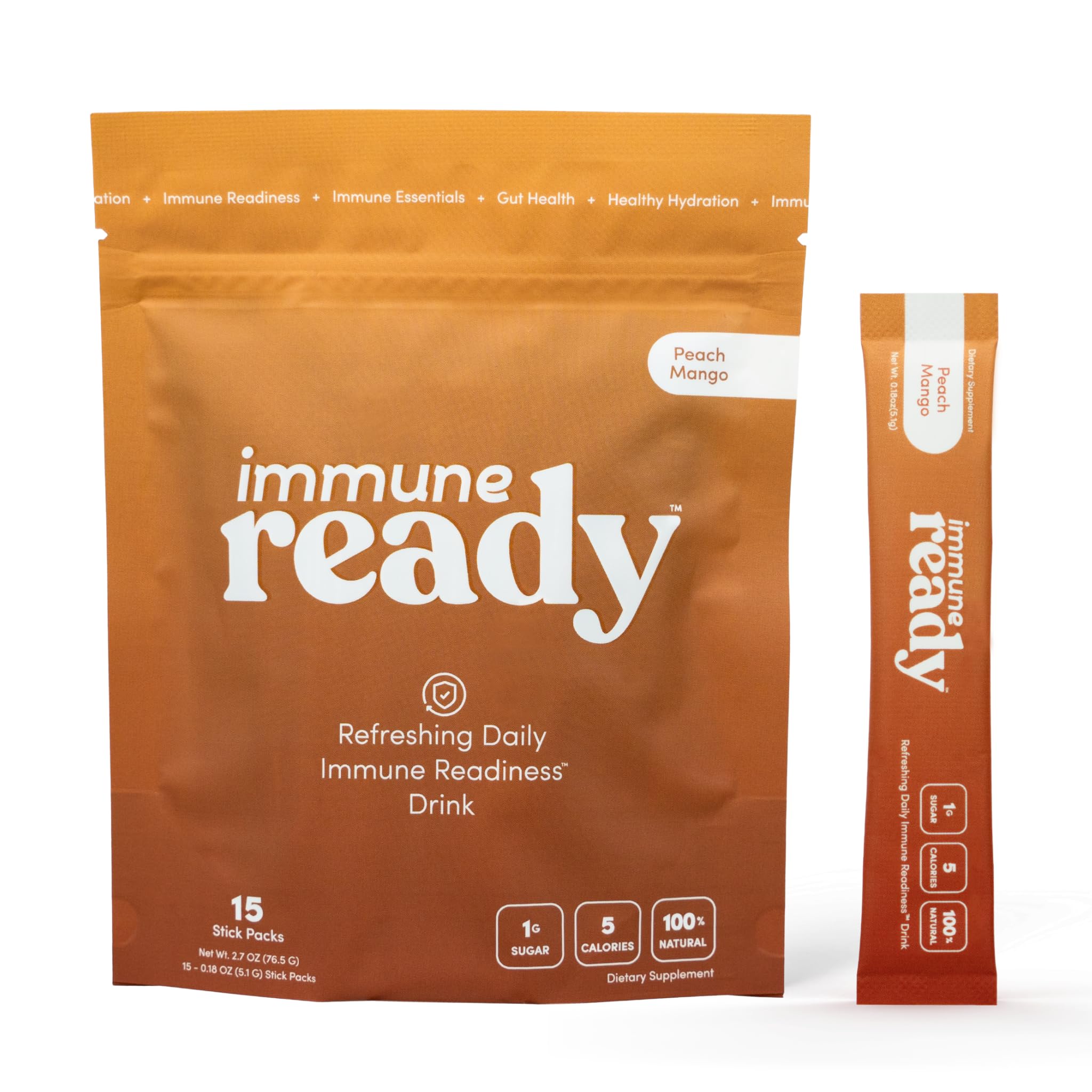 Immune Ready™ Immunity Boost Drink Mix with Vitamin C, D3, Zinc Picolinate, Inulin, Beta Glucan & Electrolytes - Delicious & Refreshing Sugar-Free Immune Booster - Peach-Mango Flavored - 15 Servings