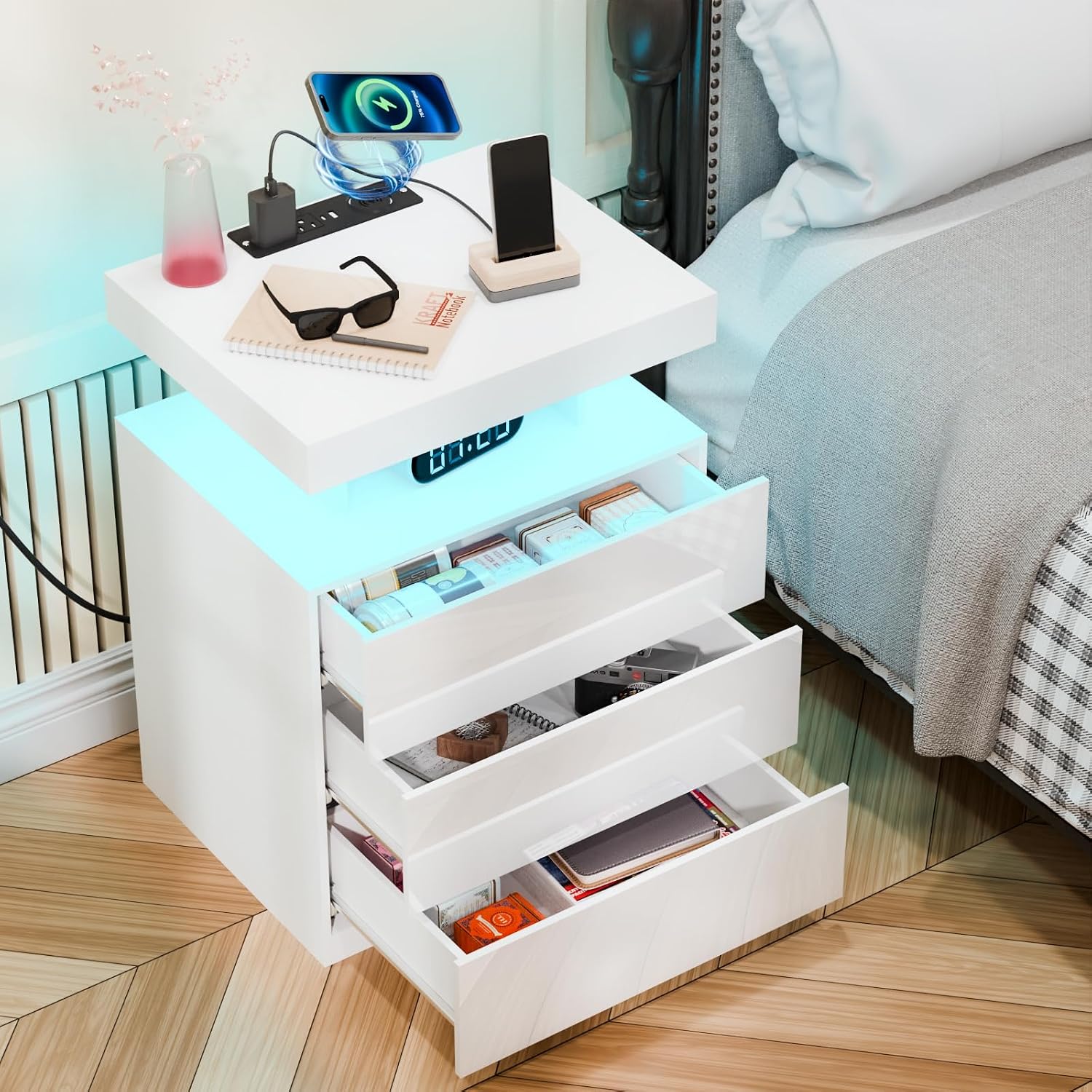 HOMMPA LED Nightstand with Wireless Charging Station & USB Ports, Modern Bedside Table, 3 Drawer White Night Stand with Open Compartment, Smart Nightstand High Gloss Surface for Bedroom