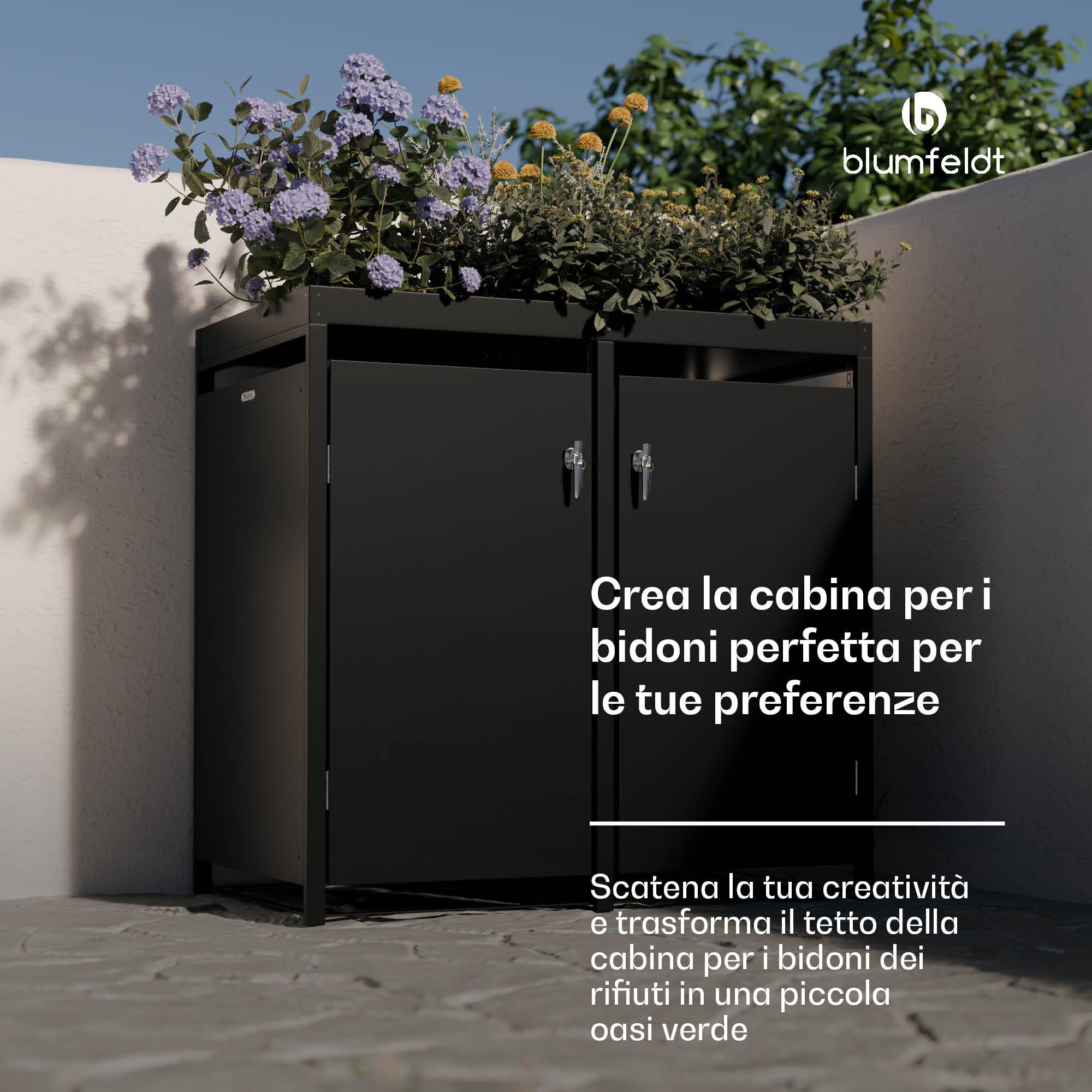 Blumfeldt BinSafe - Copri Bidone della Spazzatura –Acciaio Zincato Resistente, 2 Sportelli & Tetto a Fioriera, Adatto a Bidoni 60L/120L/240L, Serratura a Chiave, Design Moderno, Copribidone da Esterno