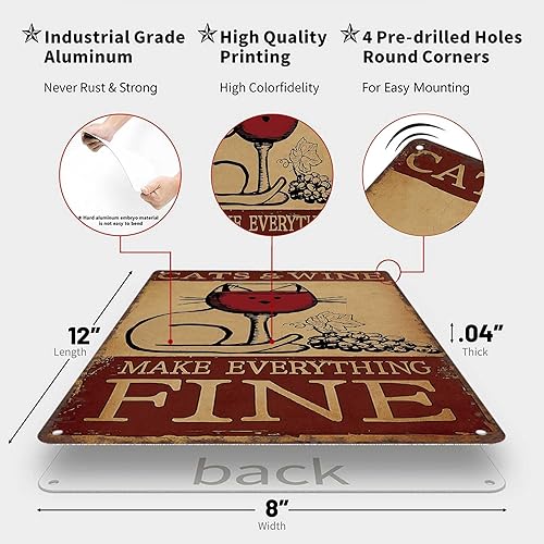 Miniatura 2 de LAHUTK Funny Signs Poster Cat And Wine Make Everything Fine Metal Wall Art for Office Dorm Room Bar Garage Decor 8X12inch