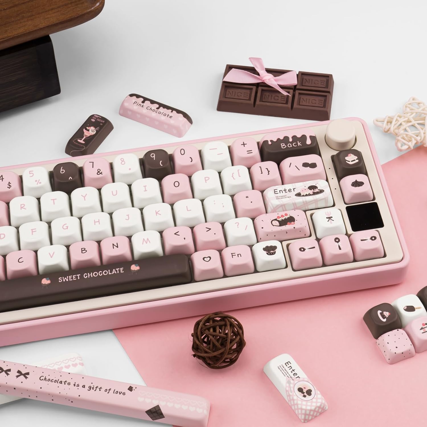 PBT Keycaps 145 Keys, Dye Sublimation PBT Custom Keycap Set, Pink Chocolate Keycaps, Cute Key Cap FOA Profile Keyboard Keycap Set for Cherry Gateron MX Switches Mechanical Keyboard