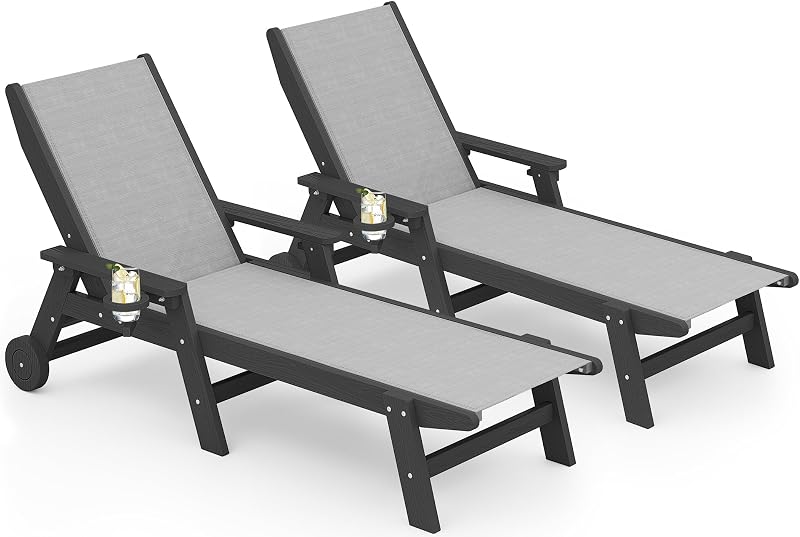 Textilene Patio Chaise Lounge Chair Set of 2, HDPE Outdoor Lounger | with Rolling Wheels for Pool, Deck, Black