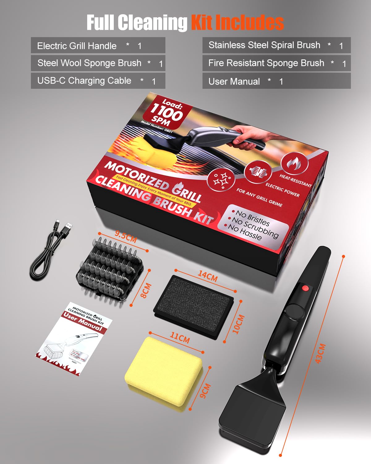Elektrische Grillbürste mit Bürstenloser Motor, 3-in-1 Grillreiniger Elektrisch Set für Gasgrill & Holzkohlegrill, Inkl. 3 Arten von Ersatzköpfe, Geeignet für Edelstahl, Gusseisen und Emaillierung