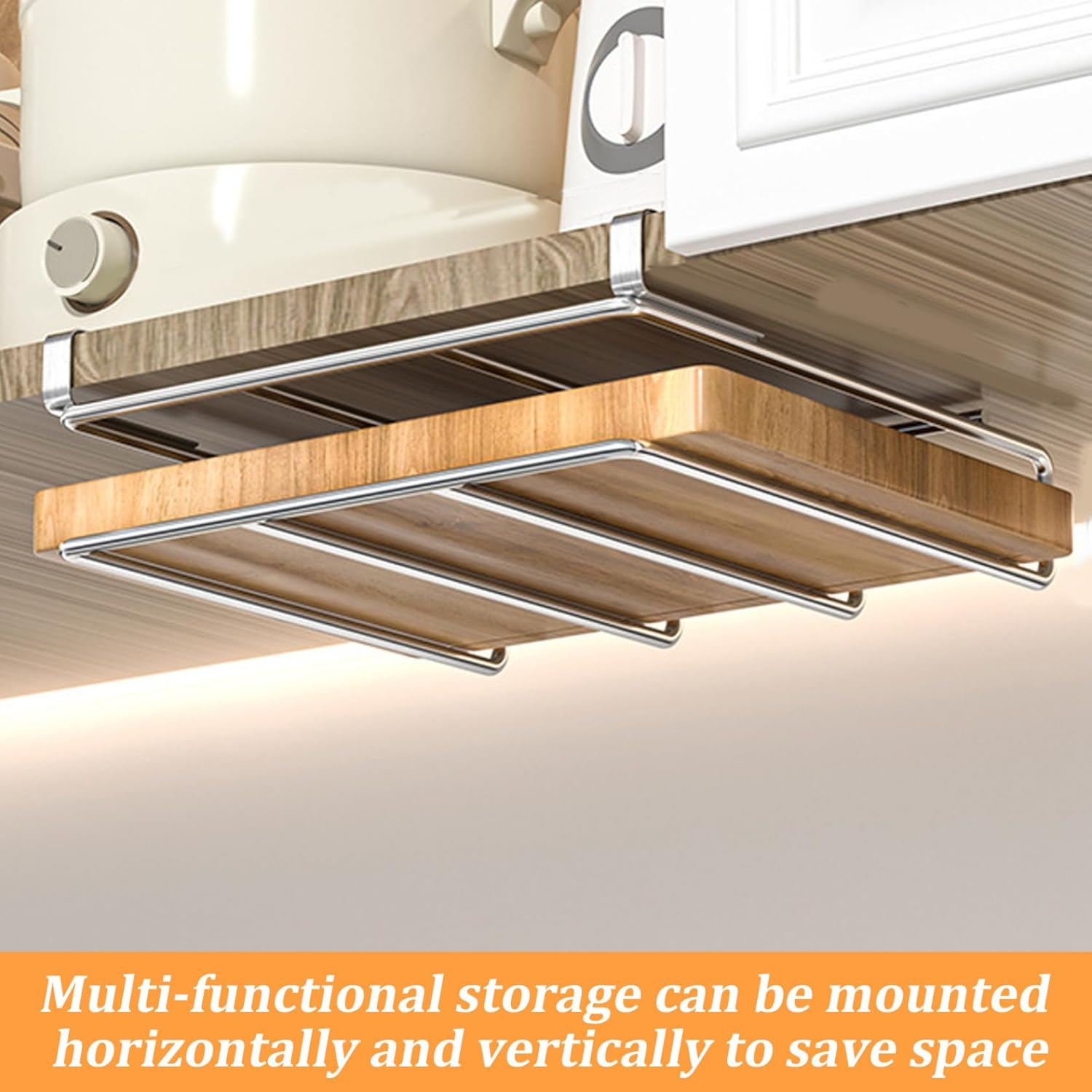 Yeory Under Cabinet Cutting Board Holder Stainless Steel Polished Cutting Board Rack Punch-free Smooth Cutter Board Holder Vertical Horizontal Cutting Board Hanger, without Pan Lid Holder