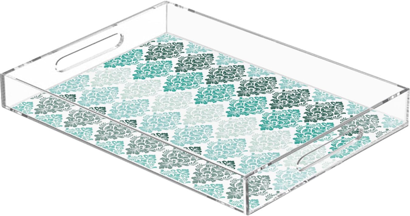 Acrylic Serving Tray with Handles Floral Damask Pattern Clear Serving Platters for Food Party Ombre Teal Green Luxury Decorative Tray for Coffee Table Countertop Makeup Organizer 11.7"x8"x2"