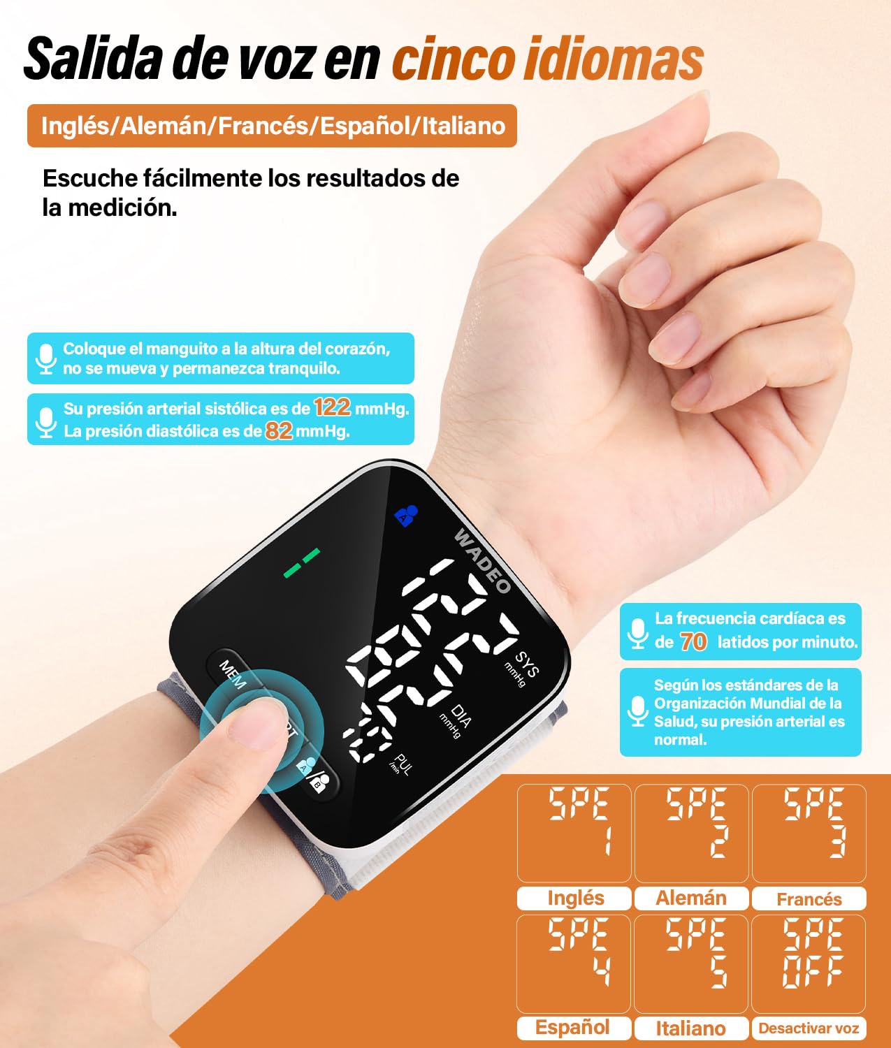 WADEO Tensiómetro digital de muñeca con pantalla LCD, tensiómetro portátil para el hogar o de viaje, medición precisa, 5 idiomas, memoria de 2 x 99, con batería