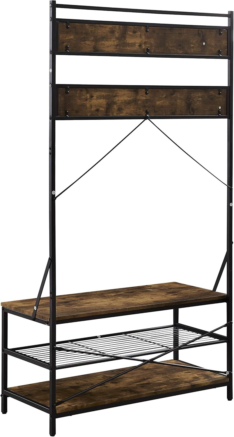 Hombazaar 3-in-1 Entryway Coat Shoe Rack, Entry Hall Tree Bench with 3 Tier Storage Shelves, Wood Furniture with Metal Frame, 7 Hooks for Garment Coats Hats Keys Umbrella Rack: Home Improvement