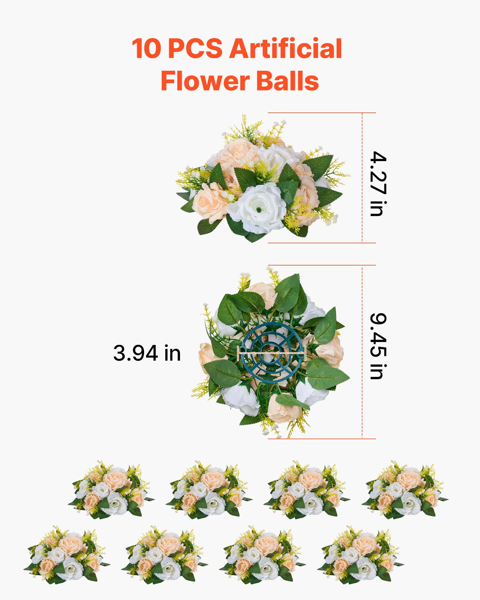 VEVOR Kunstblumen, 10 Stück, 240x240x120 mm, künstliche Blumenkugeln, Seidenrosen, Rosenarrangements für Hochzeiten, Partys, Tischdekorationen und Wohndeko, Champagnerfarbene & weiße Rosen
