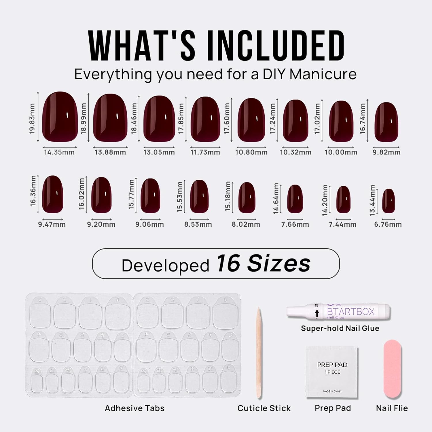 BTArtbox Press On Nails Short - Dark Red Press on Nails, Short Oval Fake Nails with Nail Glue, Fit Perfectly & Natural Reusable Stick on Nails in 16 Sizes Soft Gel Nail Kit, Coffee Bean