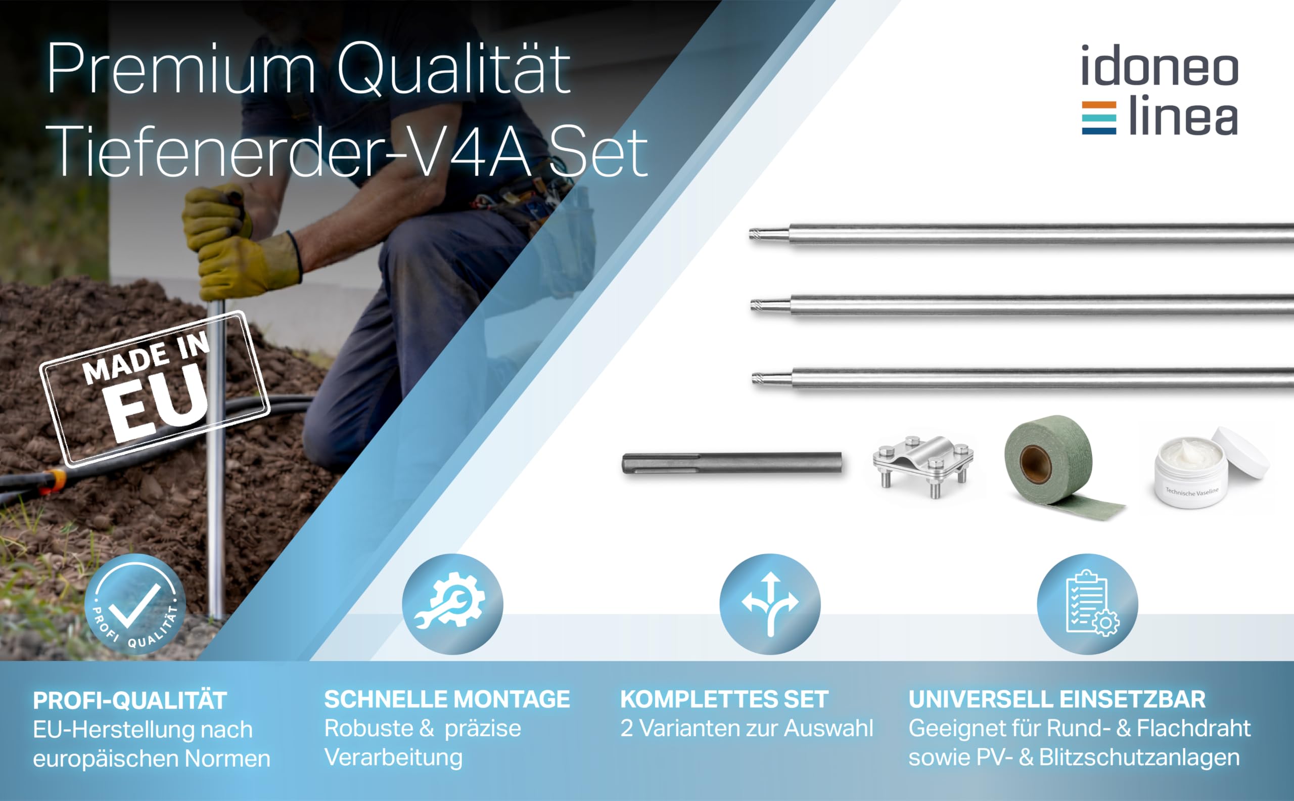 Tiefenerder Set V4A Edelstahl – Erdungsstab/Erdungsspieß mit Anschlussklemme & Schlagspitze – Basic & Profi Set mit Korrosionsschutzband, Vaseline & SDS – Blitzschutz, PV Erdung