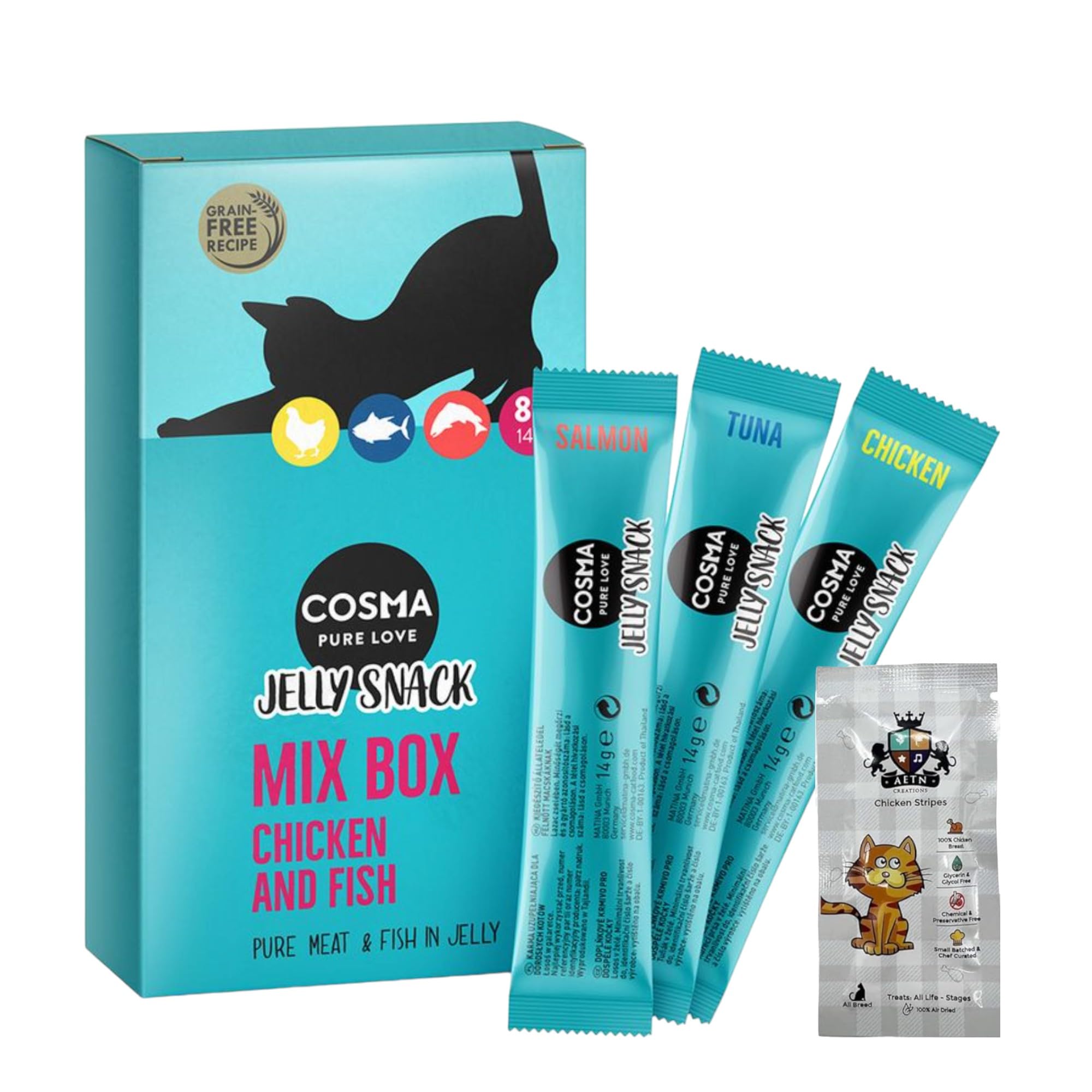 AETN Creations Jelly Snacks Bundle Pack for Cats - 16 x 14g Chicken & Fish Flavours - Includes 1 of 6 Exclusive Cat Quote Coasters