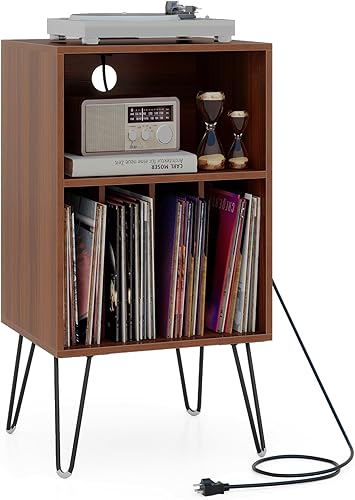 Giantex Soporte para tocadiscos con estación de carga, armario giratorio con almacenamiento de discos y patas de metal, gabinete de almacenamiento