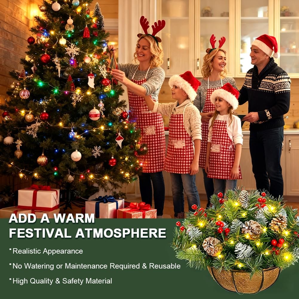 EUBUY Pre-Lit Artificial Christmas Hanging Basket, Christmas Hanging Basket with Pine Cones and Red Berries for Indoor Outdoor Holiday