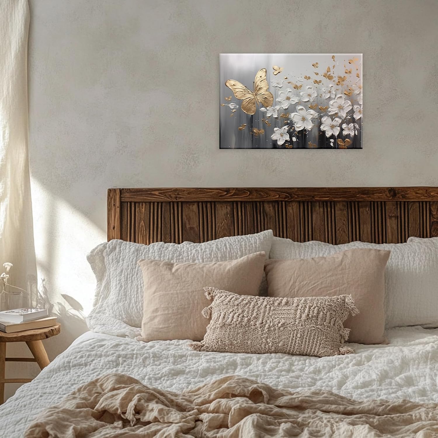 GLOKAKA Abstract Flower Wall Art Golden Butterfly White Floral Pictures Print Modern Home Decoration Ready To Hang(Artwork-1,12"x18")