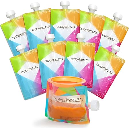 Baby Brezza Reusable Baby Food Storage Pouches, 10 Pack 7oz - Make Organic Food Puree for Kids or Toddlers and Store in Refillable Squeeze Pouches, Bulk Set is Freezer Safe & Washable