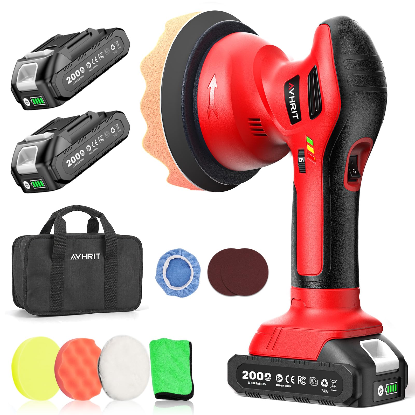 Pulidora de Coche Inalámbrica con 2x21V de 2000 mAh (hasta 6000 RPM), kit de Almohadillas y Pulidores de Coche 6", Ideal para Pulido, Encerado y Detallado de Vehículos