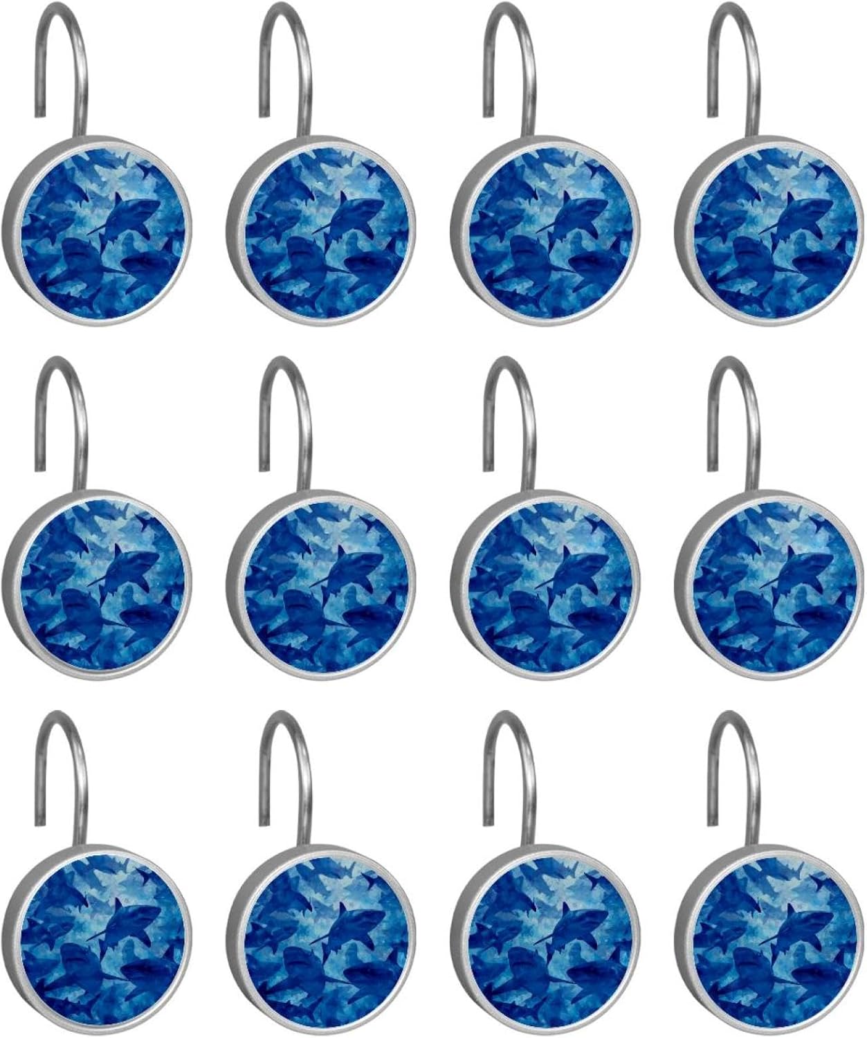 12PCS Sharks Blue (1) Shower Curtain Hooks Metal Rust Resistant Decorative Shower Curtain Hooks Bathroom Decorations