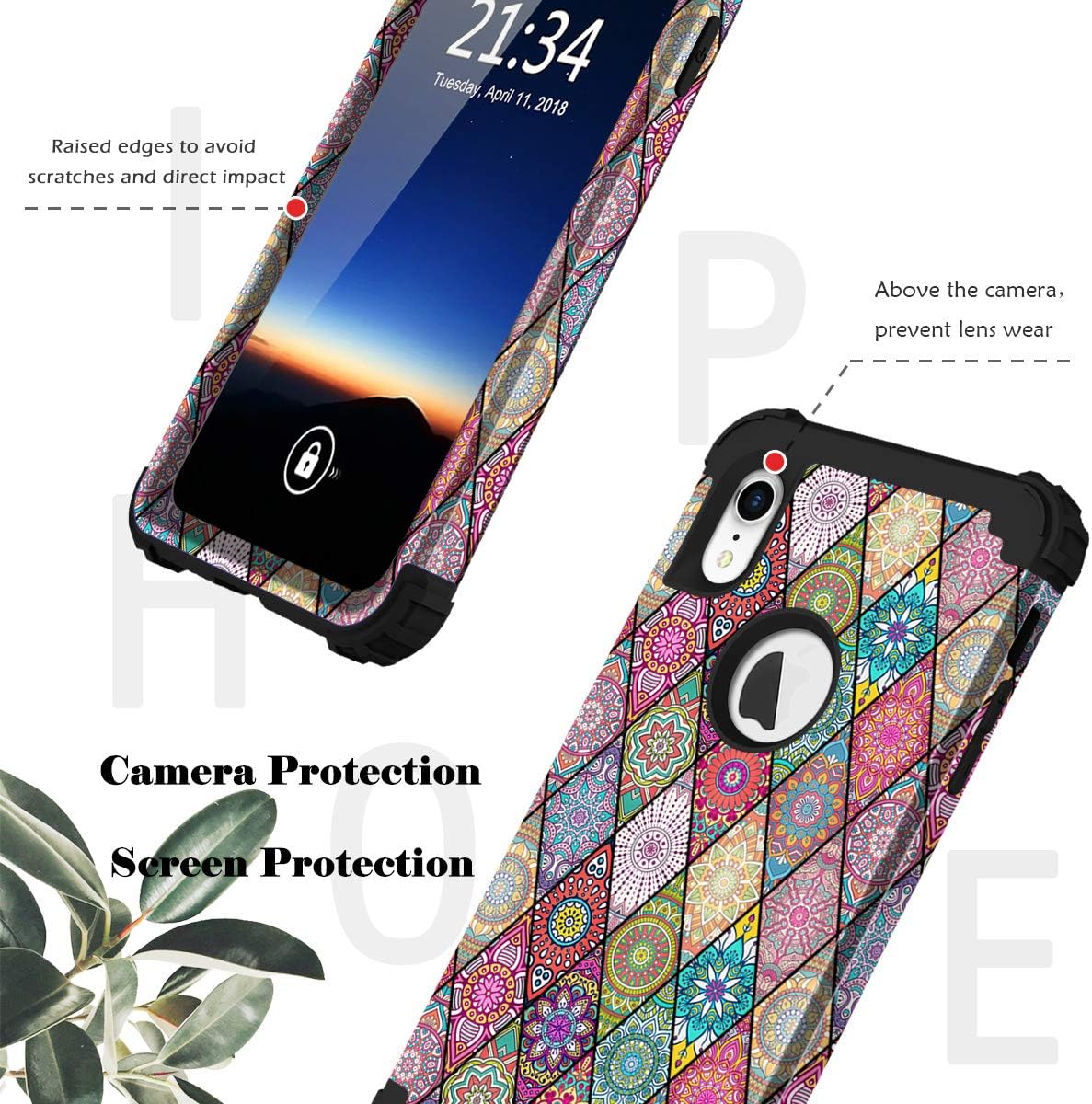 Hocase for iPhone XR Case, Shockproof Heavy Duty Protection Soft Silicone Rubber+Hard Plastic Bumper Hybrid Dual Layer Protective Case for iPhone XR (6.1-inch Display) 2018 - Mandala Flowers