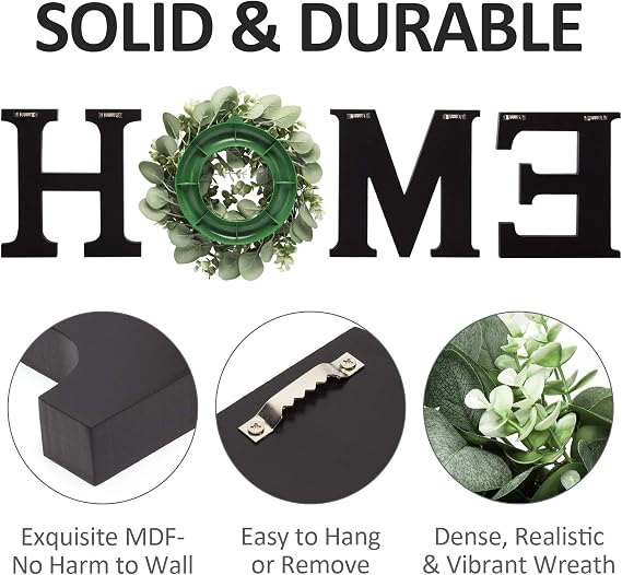 Wooden Home Letters with Wreath Artificial Eucalyptus Modern Decorative Hanging Farmhouse Sign for Living Room & Kitchen - Housewarming & Couple Gifts - Christmas Decoration