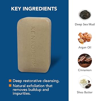 Kenkoderm Psoriasis Dead Sea Mud Soap with Argan Oil & Shea Butter, Natural Exfoliating Body & Face Cleanser for Sensitive Skin, Fragrance & Color-Free, 4.25 Ounce, 1 Bar