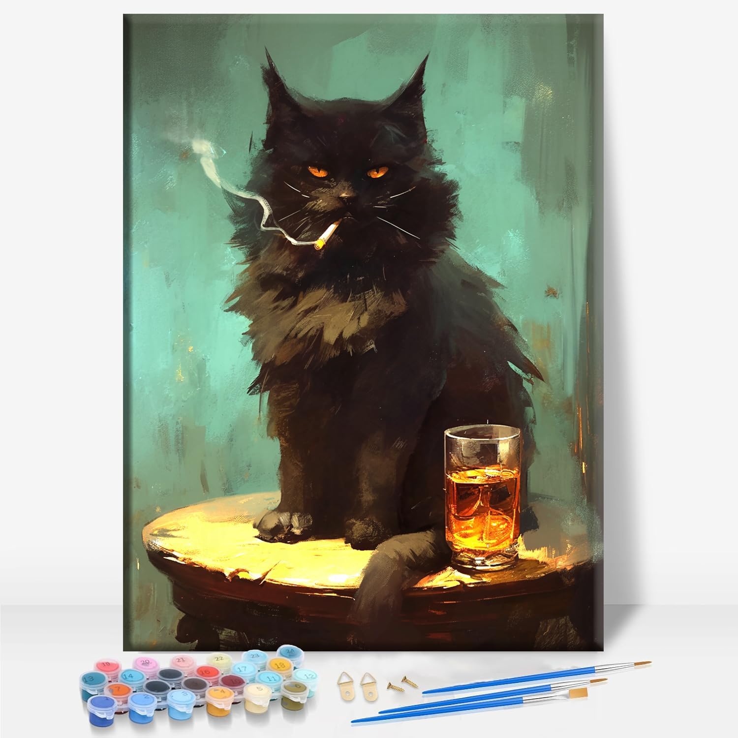 Aeontinity Smoking CAT with Whiskey Animal Framed Canvas DIY Paint by Numbers Kit Bar Cafe Cave Home Room Wall Bathroom Porch Patio Decor Gift, 16 x 12 Inch
