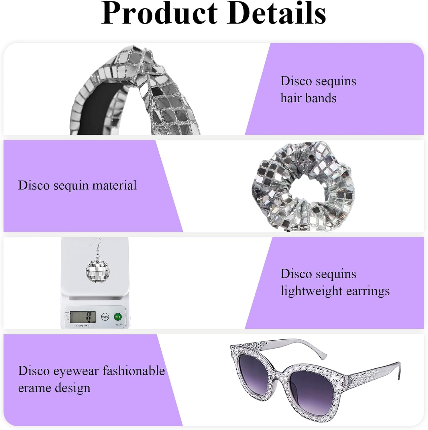5 PCS Disco Accessories Women Set Disco Ball Earrings Headband Necklace Silver Scrunchies Glasses for 70s 80s 90s Disco Party Shower New Year Birthday image 3