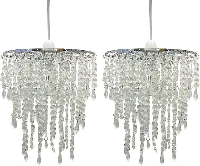 firstchoicelighting Pair of Modern 3 Tier Ceiling Light Shades Acrylic Jewels Clear Chandelier Pendants Easy Fit - No Wiring Required Modern Design
