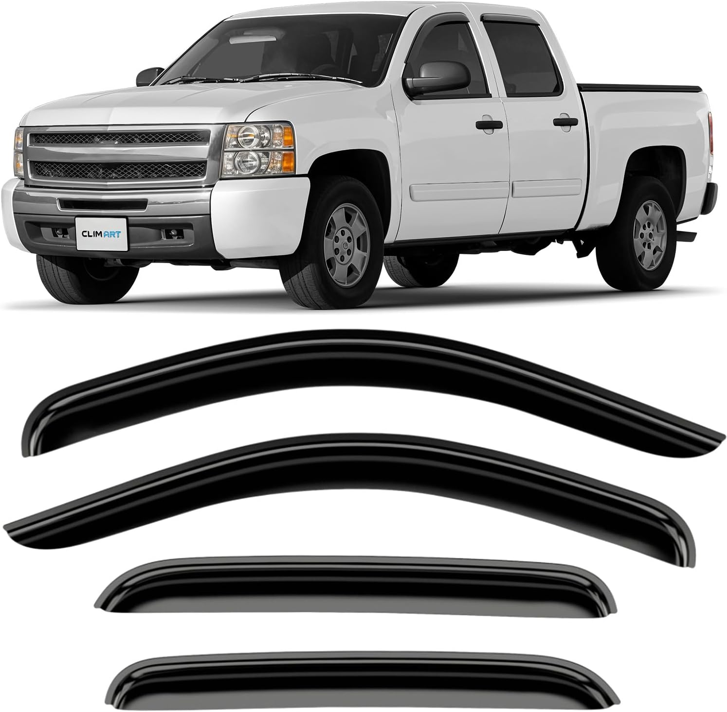 CLIM ART Incredibly Durable Rain Guards for Chevrolet (Chevy) Silverado 1500 2007-2013 Crew Cab, Original Tape-on Window Deflectors, Vent Deflector, Window Visors, Car Accessories, 4 pcs. - 407003
