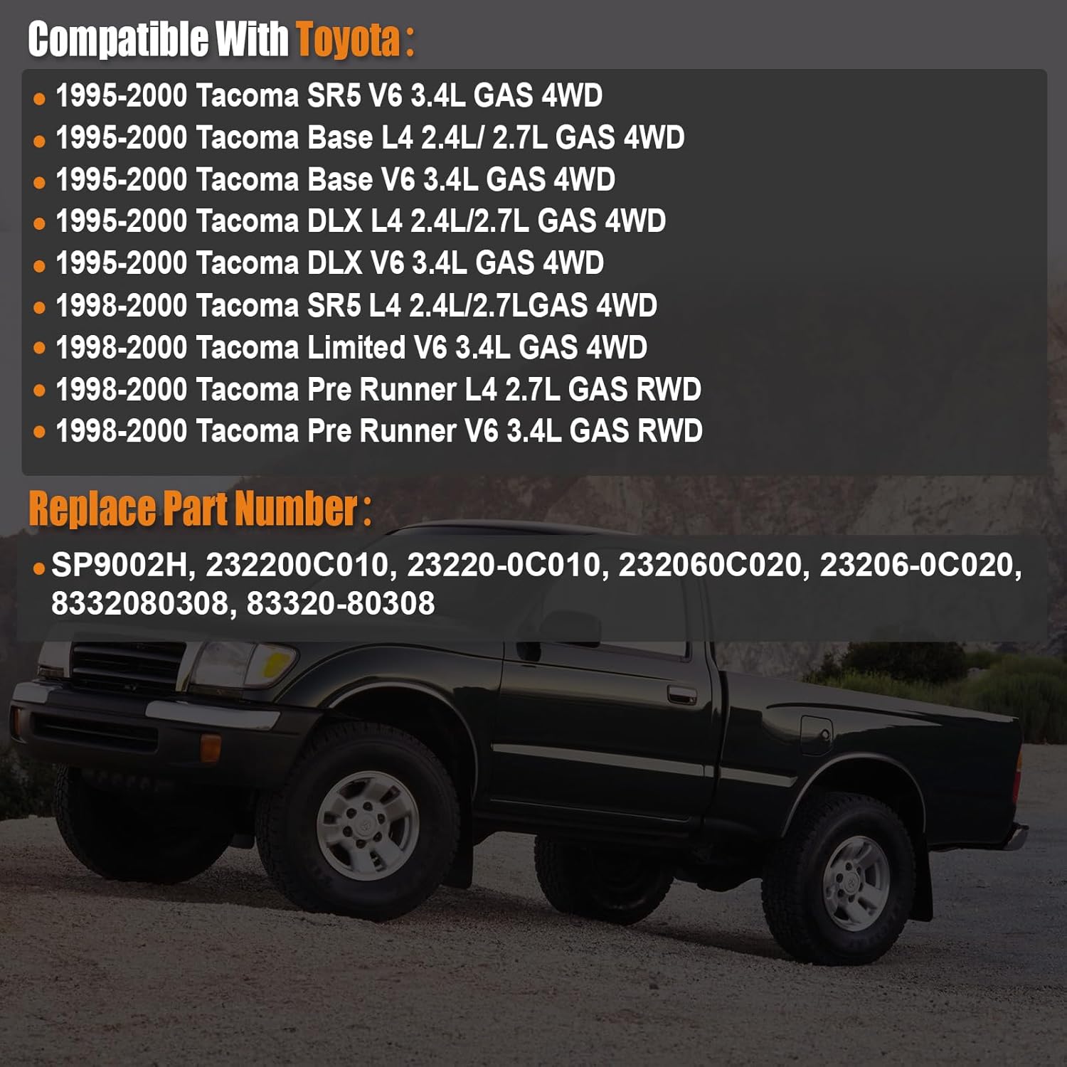 1995-2000 Fuel Pump Fit for Toyota Tacoma Base DLX SR5 Limited Pre Runner 1995-2000 2.4L 2.7L 3.4L V6 L4, Replace SP9002H 8332080308 w/ 232200C010 Sending Unit