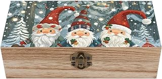 Wood Keepsake Box with Hinged Lid Handmade Wooden Wedding Memory Treasure Boxes Organizer Decorative Christmas Winter Gnomes Storage Box for Jewelry Coins Cards Photos Letters Crafts Storage