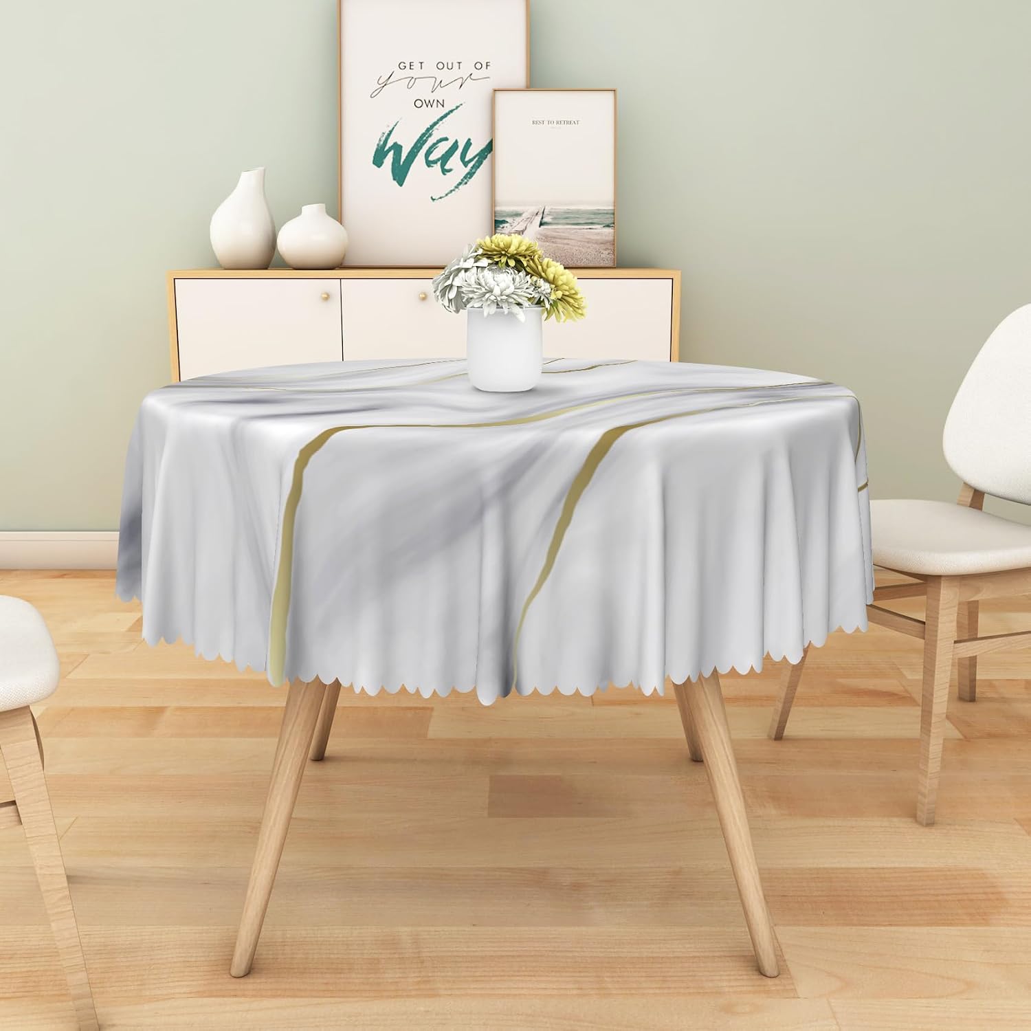 White Marble Round Tablecloth 70 Inch White Gray Marbling Golden Liquid Fabric Table Cloth Polyester Anti-Wrinkle Washable Nature Luxury Table Cover for Garden Dining Party Picnic Patio Decor image 3