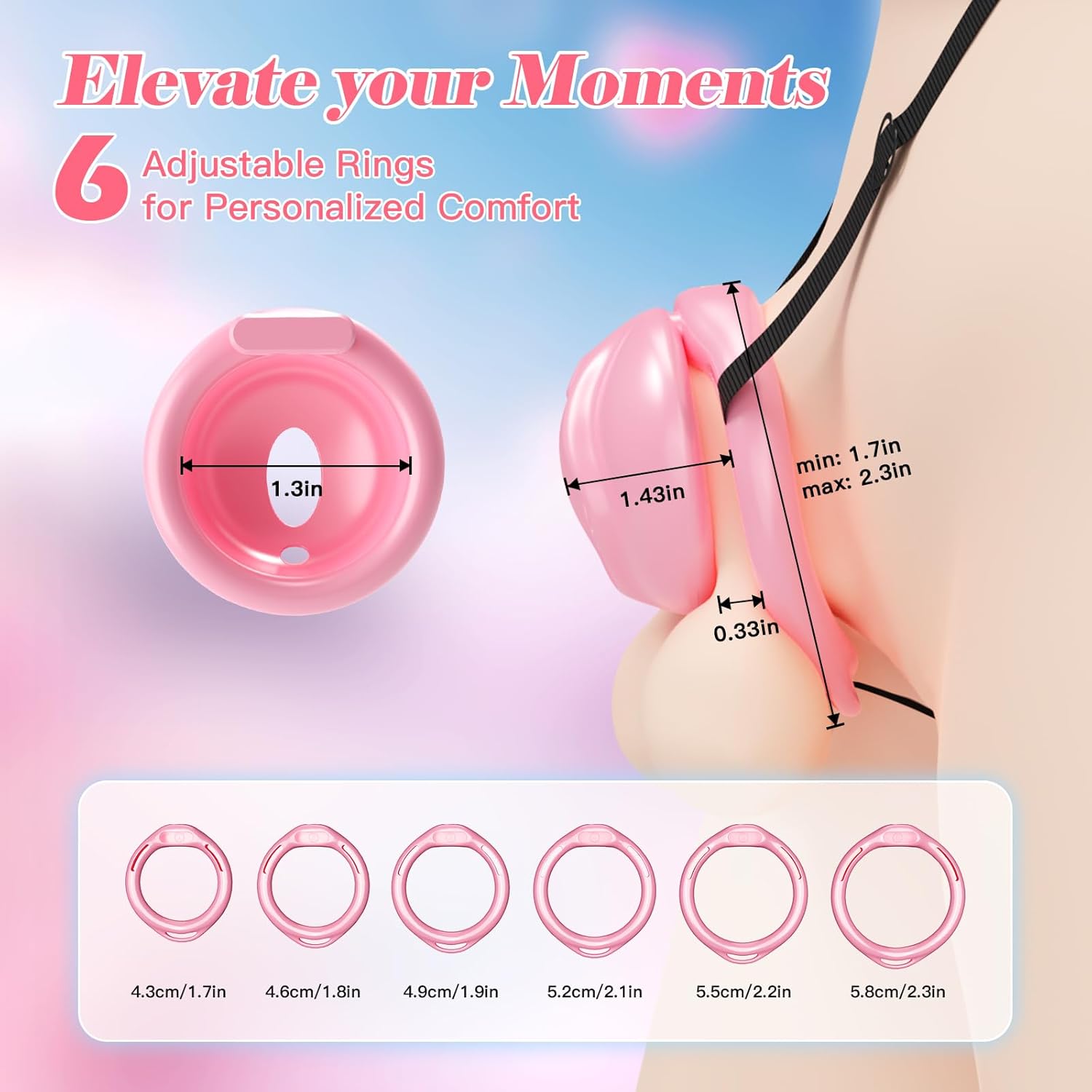 Lovely Chastity Cage Male Cock Cage - Flat Chastity Cage with Adjustable Chastity Belt & Invisible Lock, 6-Size Rings Lightweight Male Chastity Devices Skin-Friendly Plastic Penis Cage for Men (1.3in)