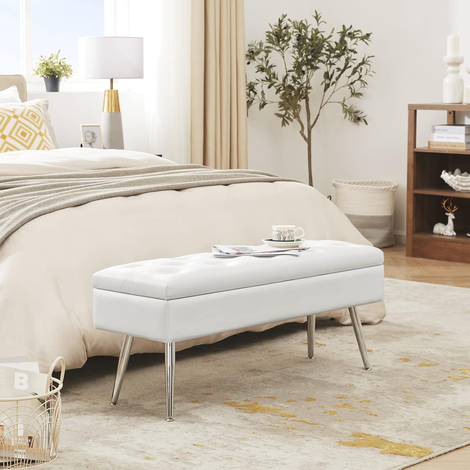 Gitrah Storage Bench Entryway Bench End of Bed Bench Ottoman Upholstered PU Leather Bedroom Bench Tufted Bench with Metal Legs 40" White