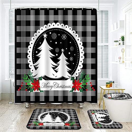 ArtSocket Juego de baño de Navidad con cortina de ducha y accesorios de alfombras, cortina de ducha de copo de nieve verde para baño, decoración de