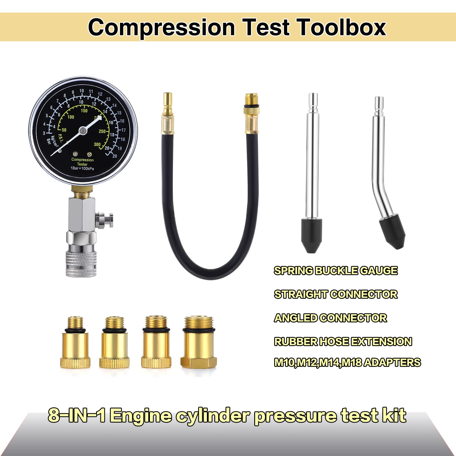 HSEAMALL Kit tester di compressione, kit di test di pressione per cilindro motore a benzina, kit per test di pressione per auto, moto, automobilistico, 0-300 PSI