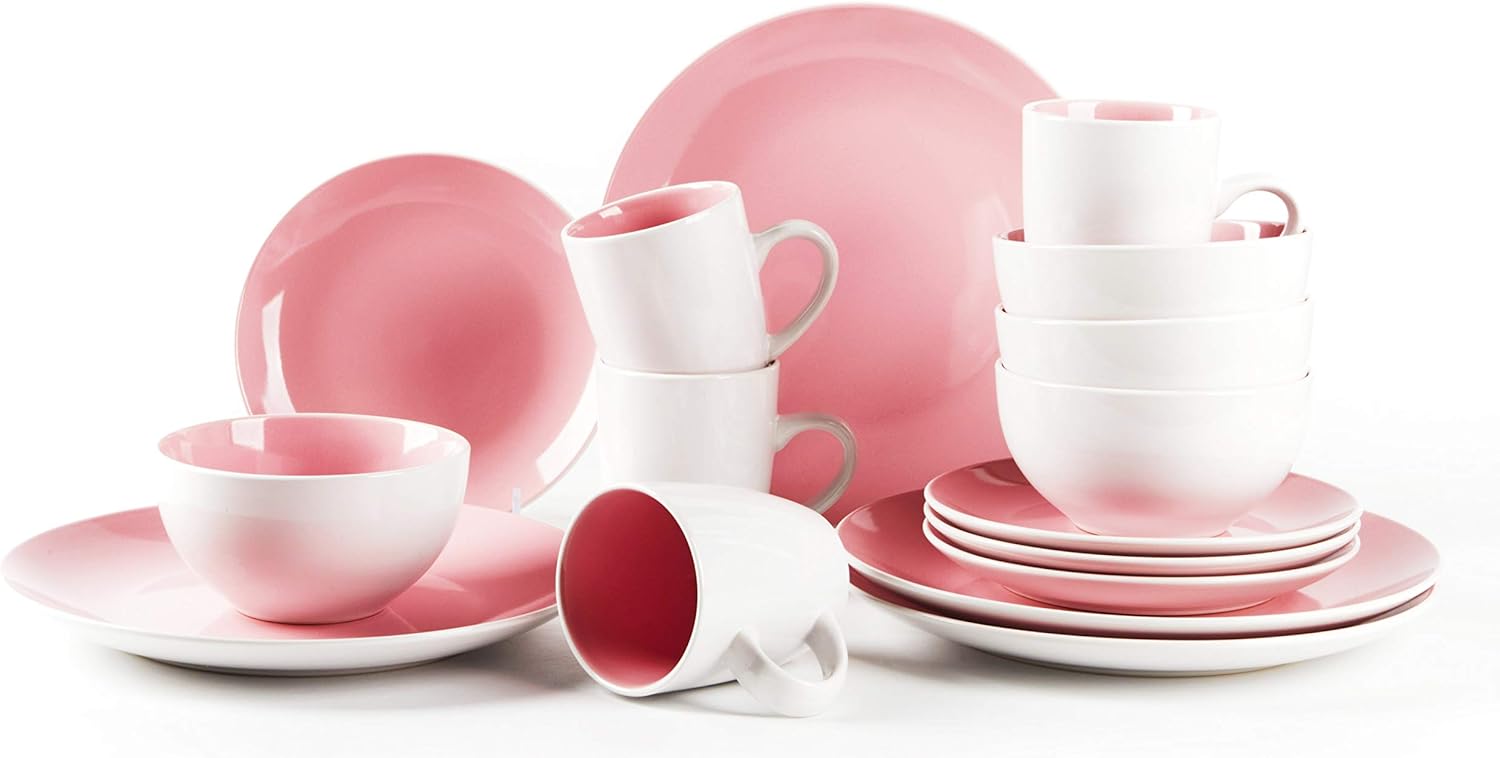 Stoneware Coupe Shape 16pc Dinnerware Set, Outside White + Inside Pink
