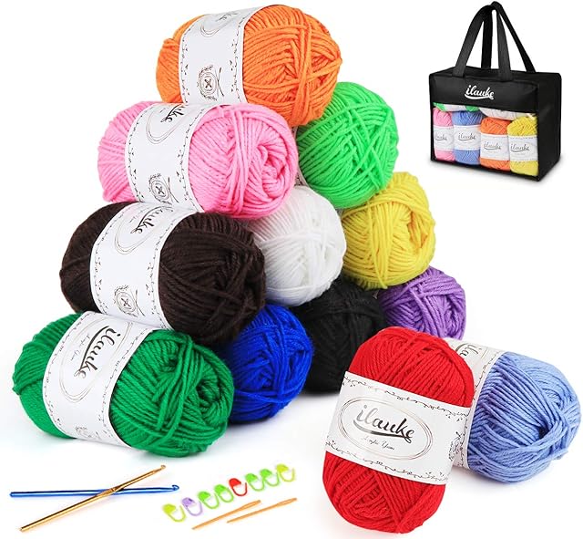 ilauke 12 x 50g Balls of Assorted Double Knitting Yarn, Colored Acrylic Yarn Set with 2 Crochet Hooks, 2 Needles, 8 Crochet Locking Stitch Markers