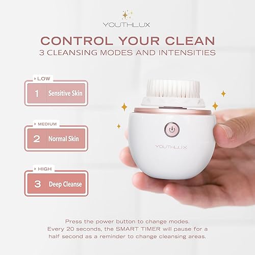 Miniatura 4 de YouthLab Pure Radiance, cepillo de limpieza facial vibratorio, eléctrico, 3 modos, 3 cabezales de cepillo (2 cerdas, 1 silicona), impermeable, Oro